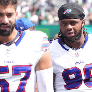Sep 14, 2025; East Rutherford, New Jersey, USA;  Buffalo Bills defensive tackle Larry Ogunjobi (99) after the game against the New York Jets at MetLife Stadium. 