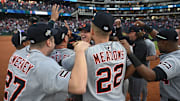 The Detroit Tigers celebrate after beating the Cleveland Guardians 6-3 in Game 3 of the American League wild card series.