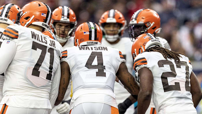 Dec 4, 2022; Houston, Texas, USA; Cleveland Browns quarterback Deshaun Watson (4) huddles against