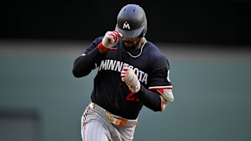Sep 25, 2025; Arlington, Texas, USA; Minnesota Twins center fielder Byron Buxton (25) gestures to the dugout after hitting a three run home run against the Texas Rangers during the eighth inning at Globe Life Field. Mandatory Credit: Jerome Miron-Imagn Images