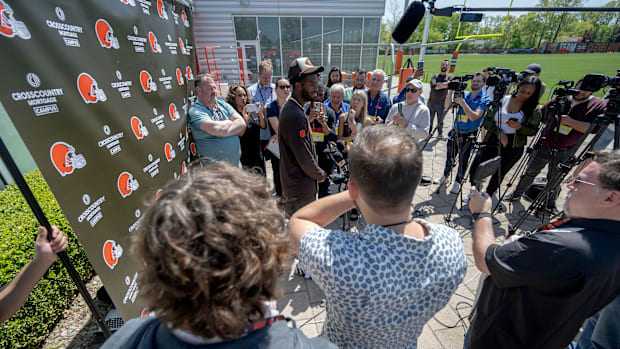 May 10, 2025; Berea, OH, USA; Cleveland Browns quarterback Shedeur Sanders (12) talks to the media during rookie minicamp at May 10, 2025; Berea, OH, USA; Cleveland Browns quarterback Shedeur Sanders (12) talks to the media during rookie minicamp at