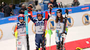 Mar 27, 2025; Sun Valley, ID, USA; Podium finishers from left Lena Duerr of Germany, Mikaela Shiffrin of the United States and Andreja Slokar of Slovenia celebrate after the slalom alpine skiing race in the 2025 FIS Ski World Cup at Sun Valley. Mandatory Credit: Michael Madrid-Imagn Images
