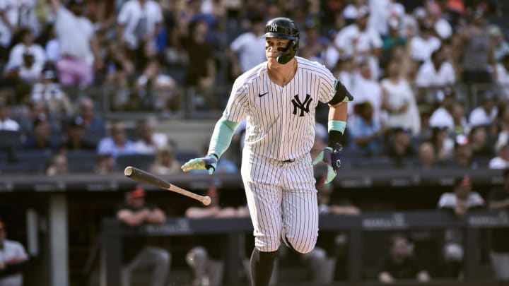 New York Yankees outfielder Aaron Judge (99) reacts after hitting a two-run home run against the Baltimore Orioles during the third inning at Yankee Stadium on June 20.