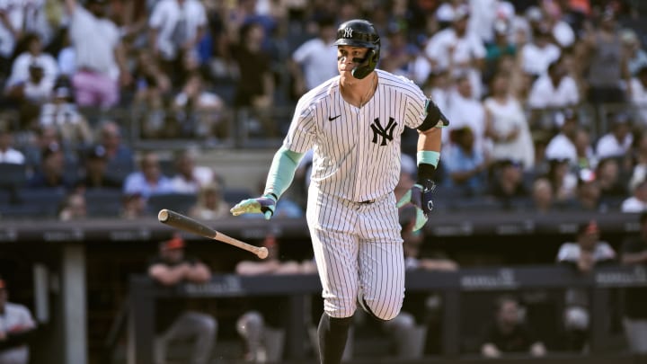 Jun 20, 2024; Bronx, New York, USA; New York Yankees outfielder Aaron Judge (99) reacts after hitting a two-run home run against the Baltimore Orioles during the third inning at Yankee Stadium. Mandatory Credit: John Jones-USA TODAY Sports