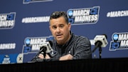 Mar 20, 2025; Milwaukee, WI, USA;  Xavier Musketeers head coach Sean Miller speaks during an NCAA Tournament First Round Practice press conference at Fiserv Forum. Mandatory Credit: Jeff Hanisch-Imagn Images