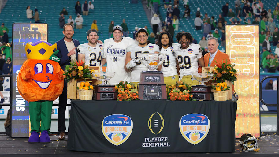 Notre Dame poses after winning the Orange Bowl in January. | Sam Navarro-Imagn Images
