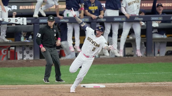 Milwaukee Brewers second baseman Brice Turang (2) celebrates his walk off home run during the ninth inning of their game against the New York Yankees Sunday, May 10, 2026 at American Family Field in Milwaukee, Wisconsin. The Milwaukee Brewers beat the New York Yankees 4-3.
