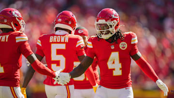 Oct 19, 2025; Kansas City, Missouri, USA; Kansas City Chiefs wide receiver Rashee Rice (4) celebrates with wide receiver Xavier Worthy (1) after a touchdown during the first half against the Las Vegas Raiders at GEHA Field at Arrowhead Stadium. Mandatory Credit: Jay Biggerstaff-Imagn Images