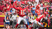 Aug 17, 2024; Kansas City, Missouri, USA; Kansas City Chiefs quarterback Patrick Mahomes (15) throws a pass against the Detroit Lions during the first half at GEHA Field at Arrowhead Stadium. Mandatory Credit: Denny Medley-Imagn Images
