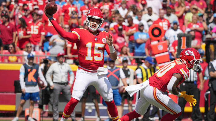 Aug 17, 2024; Kansas City, Missouri, USA; Kansas City Chiefs quarterback Patrick Mahomes (15) throws a pass against the Detroit Lions during the first half at GEHA Field at Arrowhead Stadium. Mandatory Credit: Denny Medley-Imagn Images