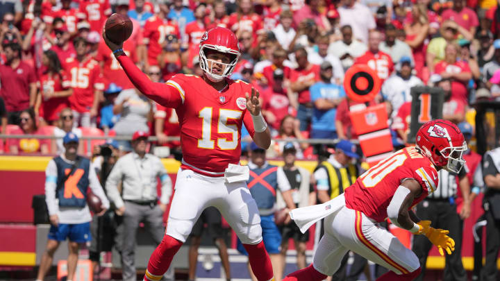 Kansas City Chiefs quarterback Patrick Mahomes (15) throws a pass against the Detroit Lions