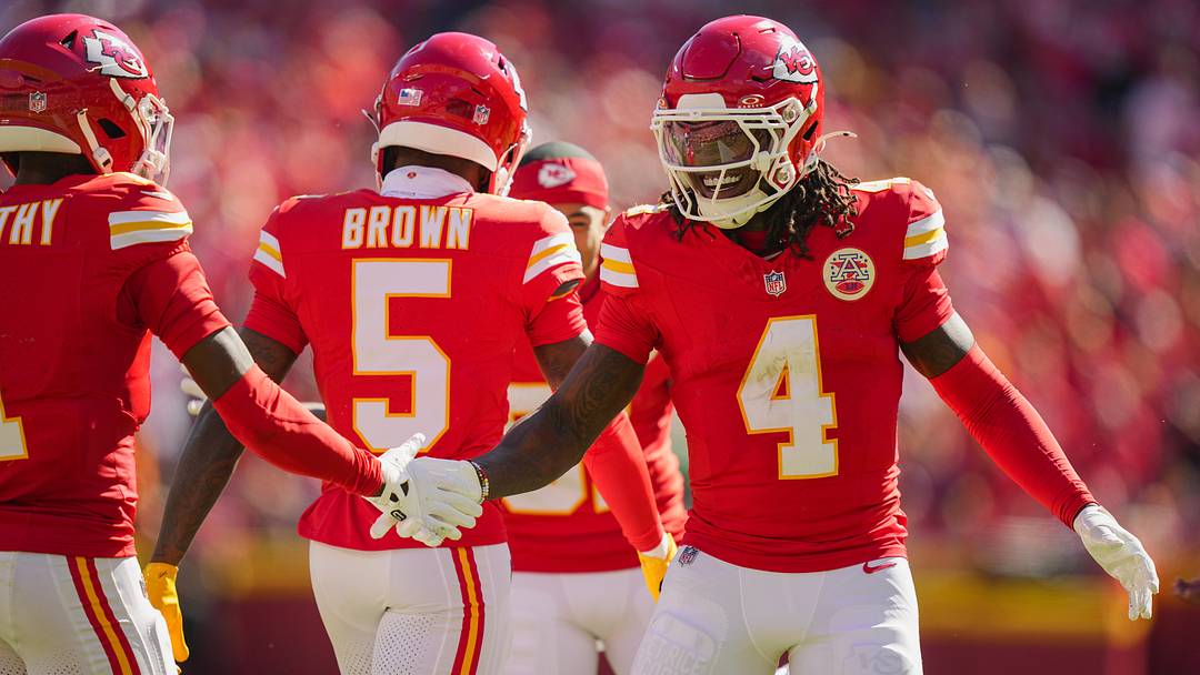 Oct 19, 2025; Kansas City, Missouri, USA; Kansas City Chiefs wide receiver Rashee Rice (4) celebrates with wide receiver Xavier Worthy (1) after a touchdown during the first half against the Las Vegas Raiders at GEHA Field at Arrowhead Stadium. Mandatory Credit: Jay Biggerstaff-Imagn Images