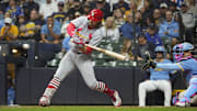 Sep 12, 2025; Milwaukee, Wisconsin, USA; St. Louis Cardinals second base Brendan Donovan (33) gets a base hit against the Milwaukee Brewers in the seventh inning at American Family Field. Mandatory Credit: Michael McLoone-Imagn Images