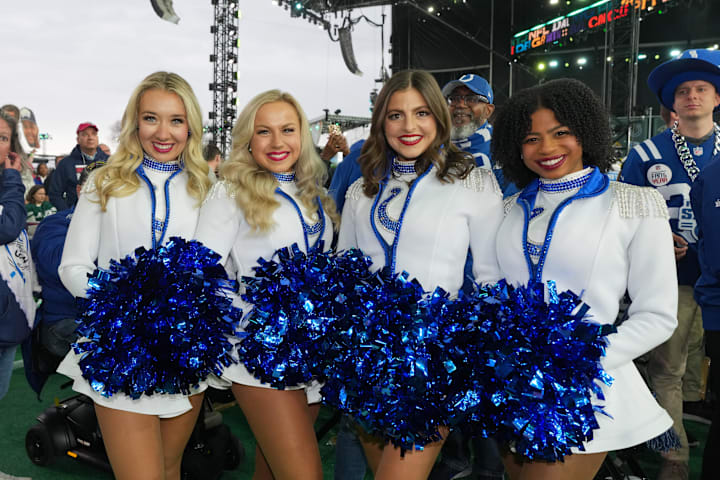 Indianapolis Colts cheerleaders pose before the first round of the 2025 NFL Draft at Lambeau Field. 