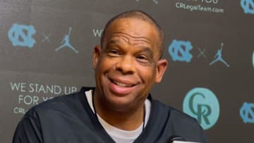 UNC basketball coach Hubert Davis during a press conference on Oct. 22, 2025, inside the Smith Center media room.