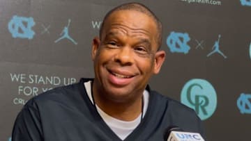 UNC basketball coach Hubert Davis during a press conference on Oct. 22, 2025, inside the Smith Center media room.