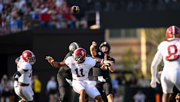 Oct 5, 2024; Nashville, Tennessee, USA;  Vanderbilt Commodores quarterback Diego Pavia (2) passes the ball against the Alabama Crimson Tide during the first half at FirstBank Stadium.