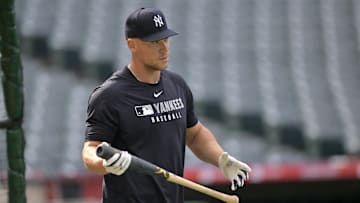 May 26, 2025; Anaheim, California, USA;  New York Yankees right fielder Aaron Judge (99) prior to the game against the Los Angeles Angels at Angel Stadium. Mandatory Credit: Jayne Kamin-Oncea-Imagn Images