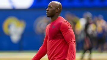Sep 7, 2025; Inglewood, California, USA; Houston Texans coach DeMeco Ryans before the game against the Los Angeles Rams at SoFi Stadium. Mandatory Credit: Kirby Lee-Imagn Images