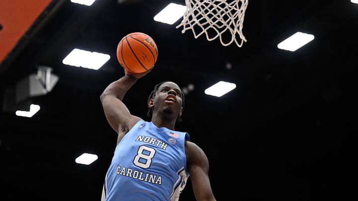 Jan 14, 2026; Stanford, California, USA; North Carolina Tar Heels forward Caleb Wilson (8) dunks during warm ups before the game against the Stanford Cardinal at Maples Pavilion. Mandatory Credit: Eakin Howard-Imagn Images