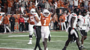 Nov 24, 2023; Austin, Texas, USA; Texas Longhorns wide receiver Xavier Worthy (1) reacts after scoring a touchdown during the second half against the Texas Tech Red Raiders at Darrell K Royal-Texas Memorial Stadium. Mandatory Credit: Scott Wachter-USA TODAY Sports