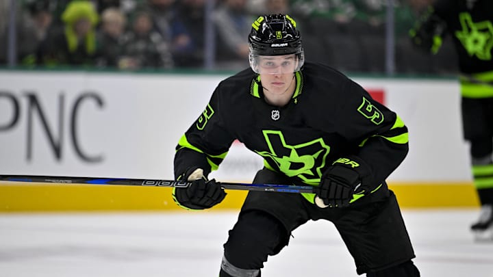 Dec 16, 2024; Dallas, Texas, USA; Dallas Stars defenseman Nils Lundkvist (5) in action during the game between the Dallas Stars and the Washington Capitals at American Airlines Center. Mandatory Credit: Jerome Miron-Imagn Images