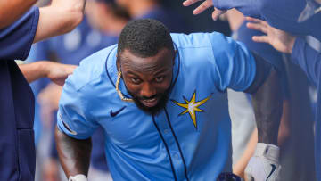 Jun 18, 2024; Minneapolis, Minnesota, USA; Tampa Bay Rays outfielder Randy Arozarena (56) celebrates his home run against the Minnesota Twins in the first inning at Target Field. Mandatory Credit: Brad Rempel-USA TODAY Sports