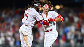 Jul 25, 2023; Philadelphia, Pennsylvania, USA; Philadelphia Phillies infielder Alec Bohm (28) celebrates with outfielder Brandon Marsh (16) after hitting a game-winning RBI single against the Baltimore Orioles in the ninth inning at Citizens Bank Park.