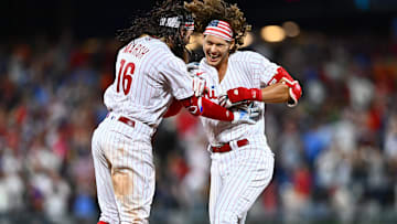 Jul 25, 2023; Philadelphia, Pennsylvania, USA; Philadelphia Phillies infielder Alec Bohm (28) celebrates with outfielder Brandon Marsh (16) after hitting a game-winning RBI single against the Baltimore Orioles in the ninth inning at Citizens Bank Park.