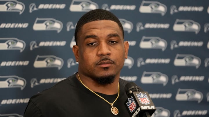 Nov 19, 2023; Inglewood, California, USA;  Seattle Seahawks safety Quandre Diggs (6) speaks in a press conference after the game against the Los Angeles Rams at SoFi Stadium. Mandatory Credit: Kirby Lee-USA TODAY Sports