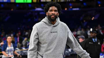 Mar 14, 2025; Philadelphia, Pennsylvania, USA; Philadelphia 76ers center Joel Embiid looks on after the game against the Indiana Pacers at Wells Fargo Center. Mandatory Credit: Kyle Ross-Imagn Images