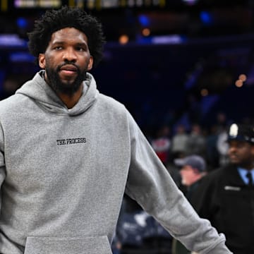 Mar 14, 2025; Philadelphia, Pennsylvania, USA; Philadelphia 76ers center Joel Embiid looks on after the game against the Indiana Pacers at Wells Fargo Center. Mandatory Credit: Kyle Ross-Imagn Images