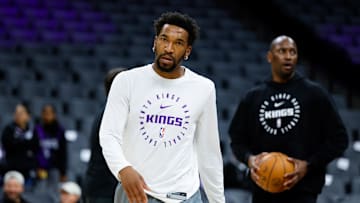 Mar 17, 2025; Sacramento, California, USA; Sacramento Kings guard Malik Monk (0) warms up before a game against the Portland Trail Blazers at Golden 1 Center. Mandatory Credit: Sergio Estrada-Imagn Images