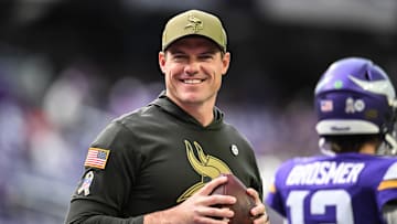 Nov 9, 2025; Minneapolis, Minnesota, USA; Minnesota Vikings head coach Kevin O'Connell warms up with his team before the game against the Baltimore Ravens at U.S. Bank Stadium. Mandatory Credit: Jeffrey Becker-Imagn Images