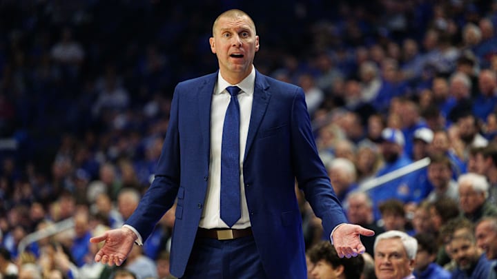 Nov 22, 2024; Lexington, Kentucky, USA; Kentucky Wildcats head coach Mark Pope reacts to a referee during the first half against the Jackson State Tigers at Rupp Arena at Central Bank Center. Mandatory Credit: Jordan Prather-Imagn Images