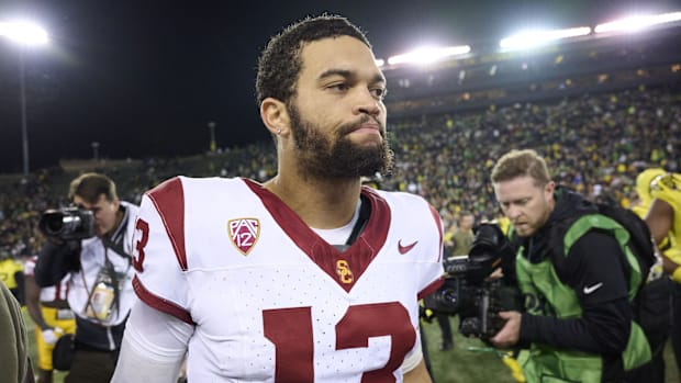 USC Trojans quarterback Caleb Williams (13) walks off the field after a game against the Oregon Ducks at Autzen Stadium.