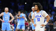 Mar 25, 2022; Philadelphia, PA, USA; UCLA Bruins guard Tyger Campbell (10) reacts as time runs out in the second half against the North Carolina Tar Heels in the semifinals of the East regional of the men's college basketball NCAA Tournament at Wells Fargo Center. Mandatory Credit: Mitchell Leff-Imagn Images