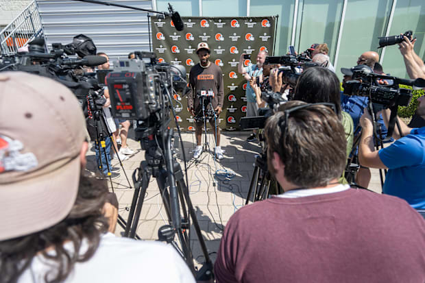 May 10, 2025; Berea, OH, USA; Cleveland Browns quarterback Shedeur Sanders (12) talks to the media during rookie minicamp at 