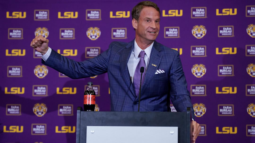 Dec 1, 2025; Baton Rouge, LA, USA; LSU new head coach Lane Kiffin speaks at South Stadium Club at Tiger Stadium. Mandatory Credit: Matthew Hinton-Imagn Images