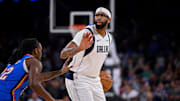 Oct 6, 2025; Fort Worth, Texas, USA; Dallas Mavericks forward/center Anthony Davis (3) sets the play against Oklahoma City Thunder guard Cason Wallace (22) during the game between the Dallas Mavericks and the Oklahoma City Thunder at Dickie's Arena. Mandatory Credit: Jerome Miron-Imagn Images