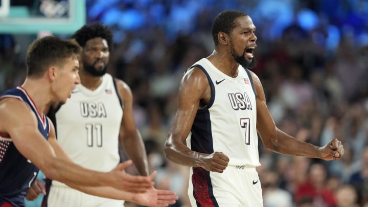 Aug 8, 2024; Paris, France; United States forward Kevin Durant (7) celebrates during the second half against Serbia in a men's basketball semifinal game during the Paris 2024 Olympic Summer Games at Accor Arena. 