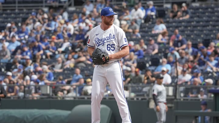 Mar 31, 2024; Kansas City, Missouri, USA; Making his Major League debut, Kansas City Royals relief pitcher Matt Sauer (65) prepares to deliver a pitch against the Minnesota Twins in the seventh inning at Kauffman Stadium. Mandatory Credit: Denny Medley-Imagn Images Mar 31, 2024; Kansas City, Missouri, USA; Making his Major League debut, Kansas City Royals relief pitcher Matt Sauer (65) prepares to deliver a pitch against the Minnesota Twins in the seventh inning at Kauffman Stadium. Mandatory Credit: Denny Medley-Imagn Images
