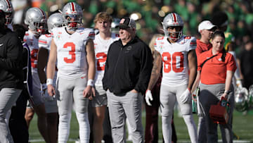 Jan 1, 2025; Pasadena, CA, USA;  Ohio State Buckeyes assistant coach Chip Kelly looks on before the 2025 Rose Bowl college football quarterfinal game against the Oregon Ducks at Rose Bowl Stadium. Mandatory Credit: Kirby Lee-Imagn Images
