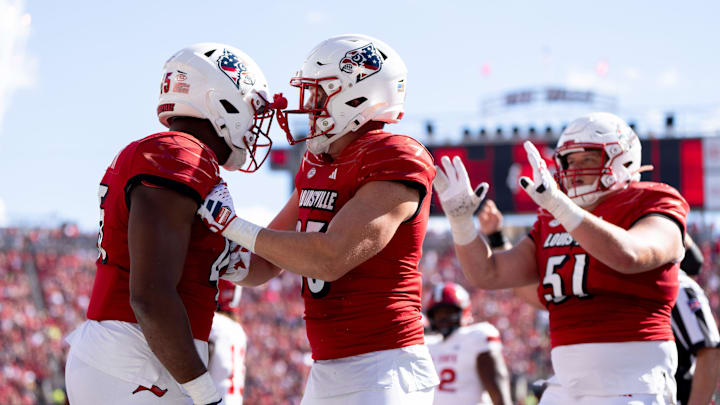 Louisville Cardinals celebrate another touchdown during their game against the Jacksonville State Gamecocks on Saturday, Sept. 7, 2024 at L&N Federal Credit Union Stadium in Louisville, Ky.