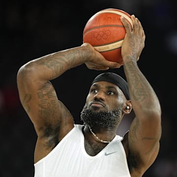 Aug 10, 2024; Paris, France; United States guard LeBron James (6) warms up before the men's basketball gold medal game against France during the Paris 2024 Olympic Summer Games at Accor Arena. Mandatory Credit: Kyle Terada-Imagn Images