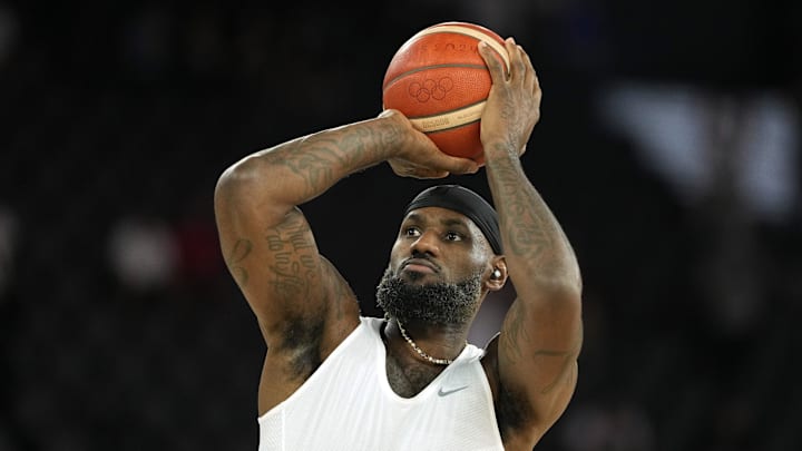 Aug 10, 2024; Paris, France; United States guard LeBron James (6) warms up before the men's basketball gold medal game against France during the Paris 2024 Olympic Summer Games at Accor Arena. Mandatory Credit: Kyle Terada-Imagn Images