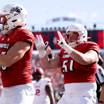 Louisville Cardinals celebrate another touchdown during their game against the Jacksonville State Gamecocks on Saturday, Sept. 7, 2024 at L&N Federal Credit Union Stadium in Louisville, Ky.