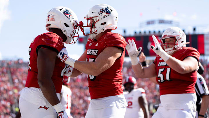 Louisville Cardinals celebrate another touchdown during their game against the Jacksonville State Gamecocks on Saturday, Sept. 7, 2024 at L&N Federal Credit Union Stadium in Louisville, Ky.