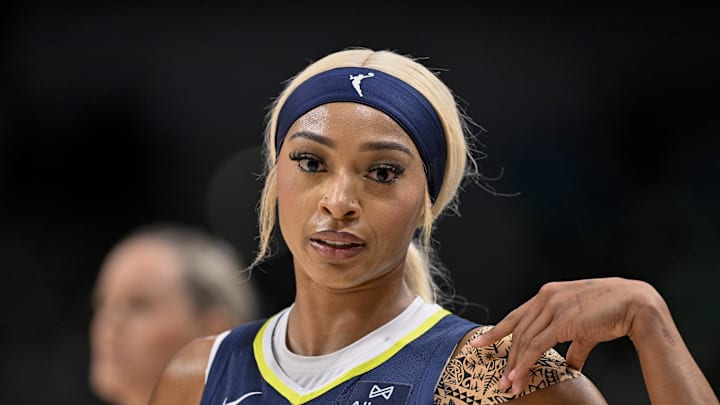 Aug 1, 2025; Dallas, Texas, USA; Dallas Wings guard DiJonai Carrington (21) during the game between the Dallas Wings and the Indiana Fever at the American Airlines Center. Mandatory Credit: Jerome Miron-Imagn Images