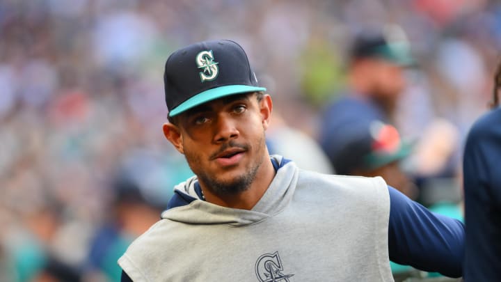 Seattle Mariners Julio Rodriguez in the dugout during the third inning between the Seattle Mariners and the New York Mets at T-Mobile Park on Aug 10.